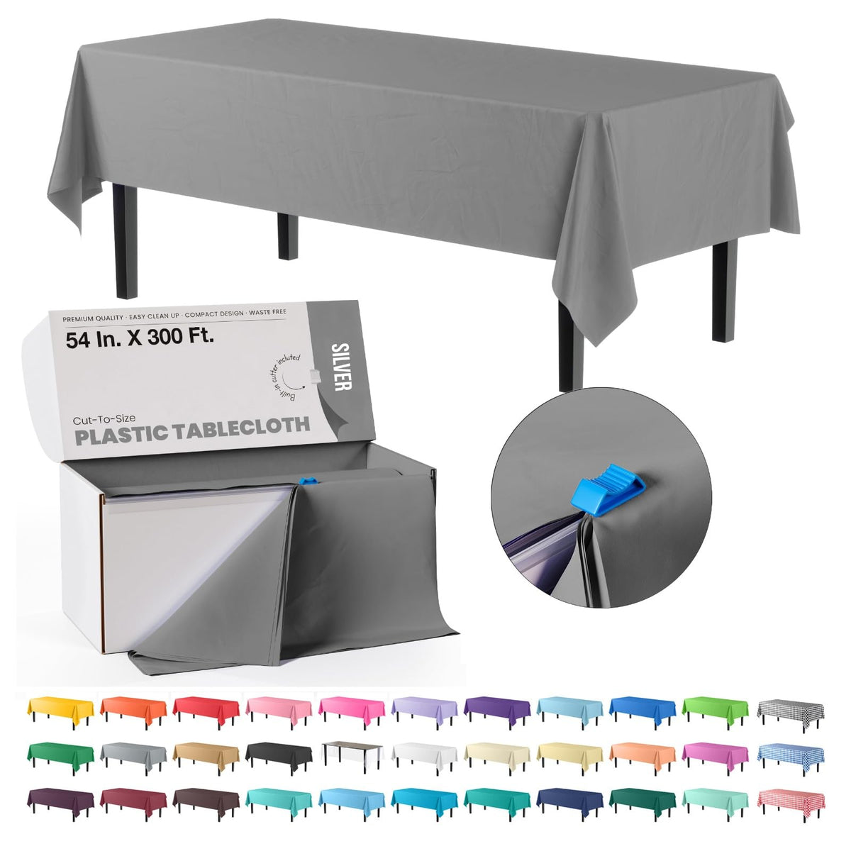 Party Solids 54 Inch X 300 Feet White Plastic Table Cover Roll in A Cut - to - Size Box with Convenient Slide Cutter. Cuts Up to 36 Rectangle 8 Feet Plastic Disposable Tablecloths