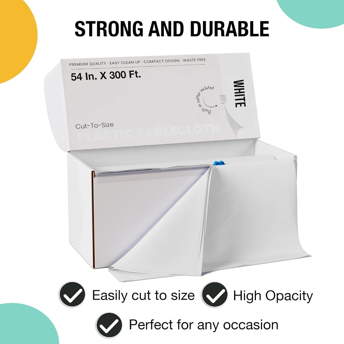 Party Solids 54 Inch X 300 Feet White Plastic Table Cover Roll in A Cut - to - Size Box with Convenient Slide Cutter. Cuts Up to 36 Rectangle 8 Feet Plastic Disposable Tablecloths