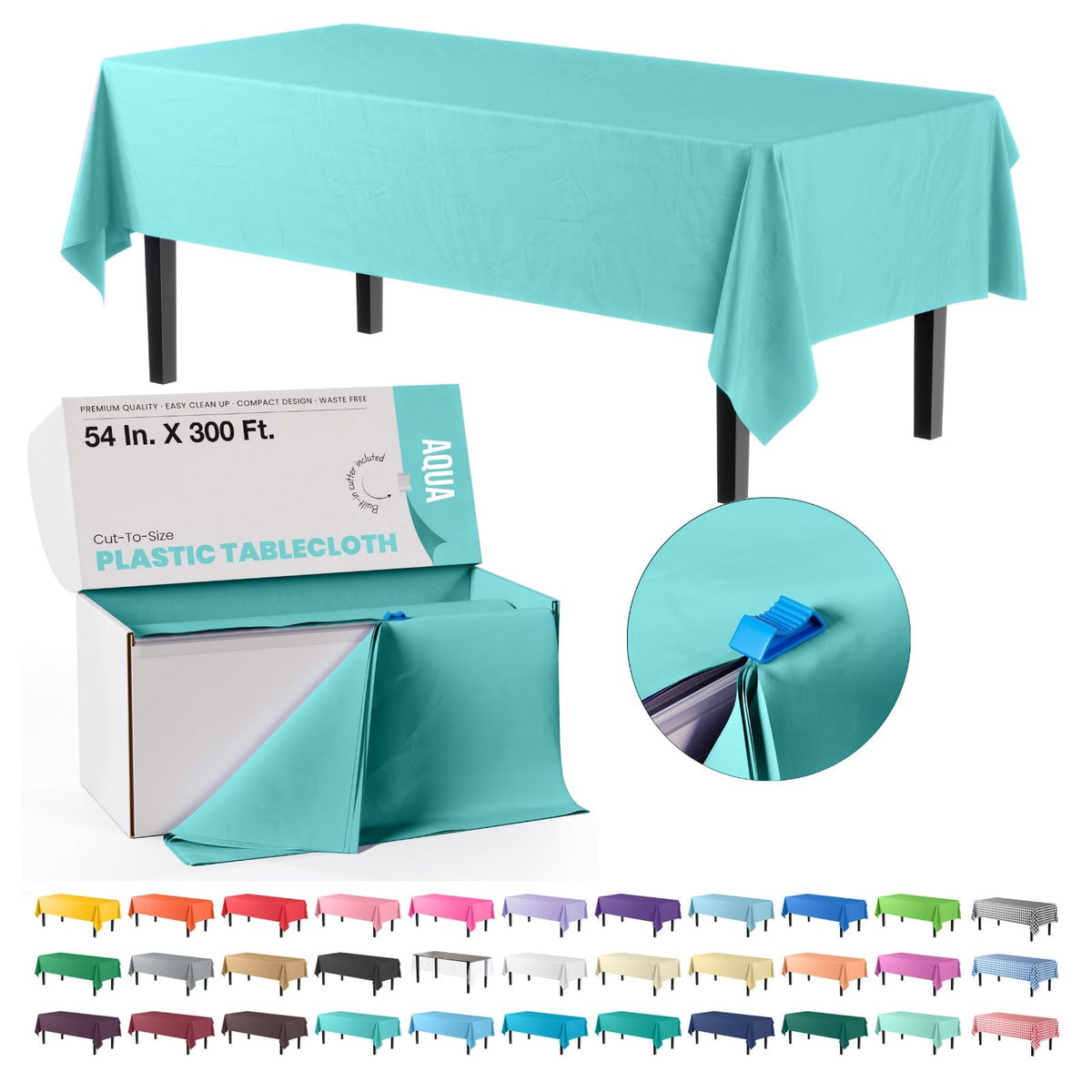 Party Solids 54 Inch X 300 Feet White Plastic Table Cover Roll in A Cut - to - Size Box with Convenient Slide Cutter. Cuts Up to 36 Rectangle 8 Feet Plastic Disposable Tablecloths
