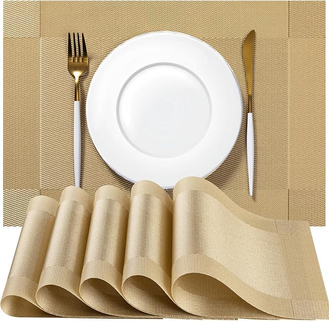 Placemats Set of 4 - Easy Clean Woven Vinyl Placemats for Dining Table, Indoor/Outdoor Place Mats, Washable PVC Table Mats(Caramel)