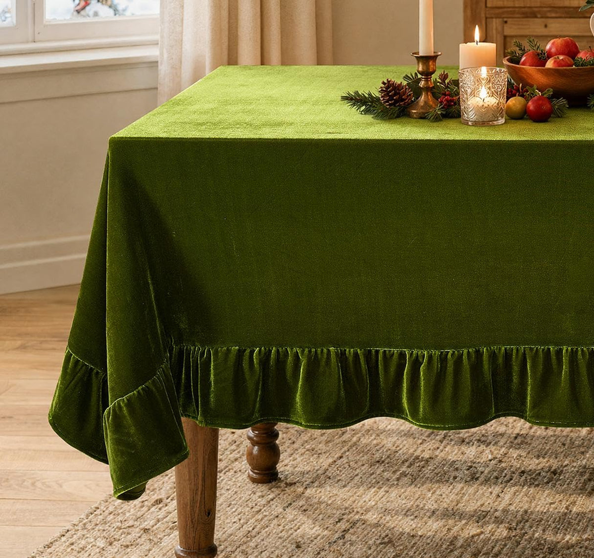 MIULEE Velvet Tablecloth with Decorative Ruffle 60x120 Inch Beige