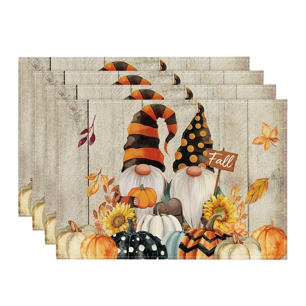 Artoid Mode Gnomes Pumpkins Fall Placemats Set of 4, 12x18 Inch Seasonal Autumn Thanksgiving Table Mats for Party Kitchen Dining Decoration