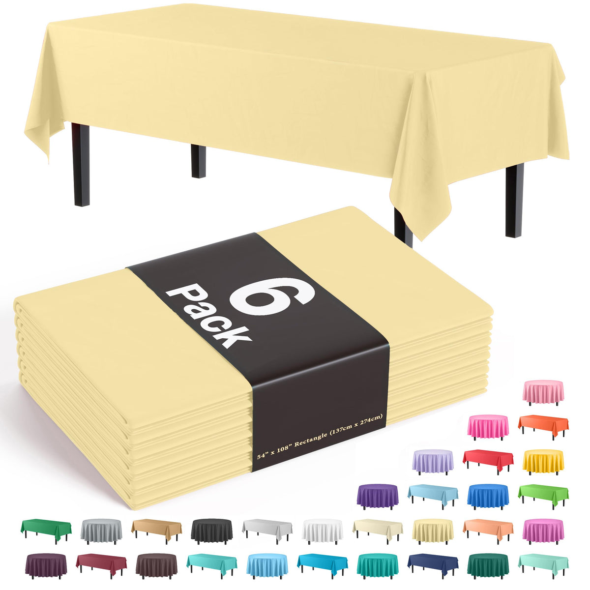 Exquisite Ivory Plastic Table Cloth Disposable 6 Pack - 54 x 108 Inch Rectangle Tablecloth for 6 Foot Tables - Waterproof Table Cover for Party Wedding Birthday Graduation BBQ Catering