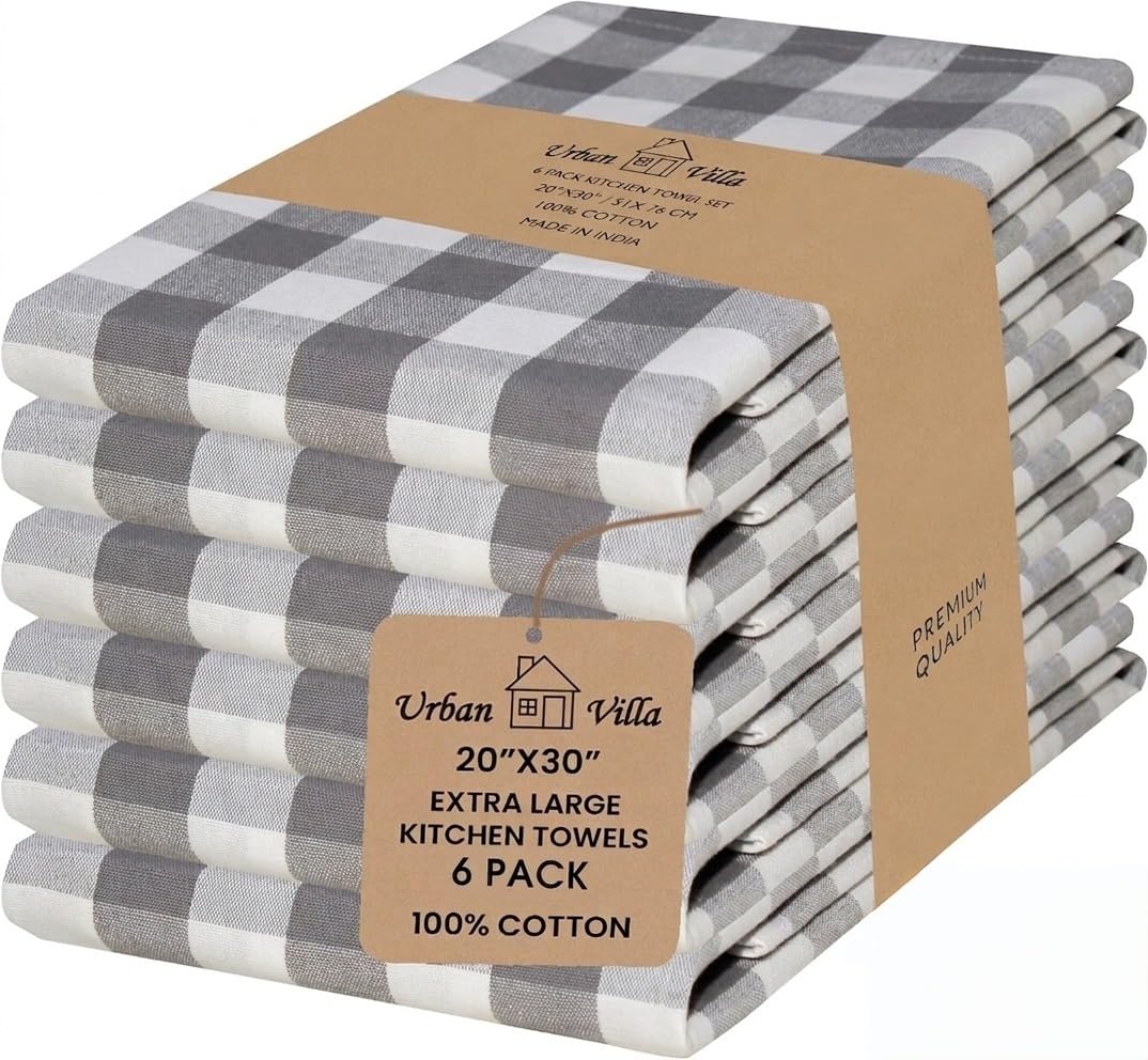 Urban Villa Kitchen Towels 100% Cotton Dish Towels for Kitchen (Set of 6) 20”x30” Dish Cloths Highly Absorbent Kitchen Linen Set with Hanging Loop Perfect for Drying Dishes Cleaning Towels-Blue White
