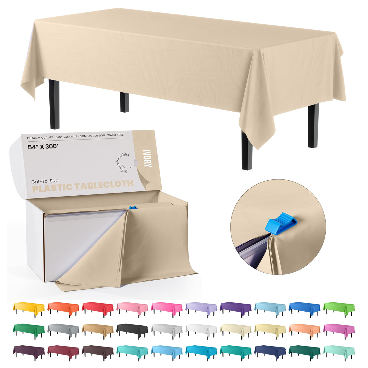 Party Solids 54 Inch X 300 Feet White Plastic Table Cover Roll in A Cut - to - Size Box with Convenient Slide Cutter. Cuts Up to 36 Rectangle 8 Feet Plastic Disposable Tablecloths