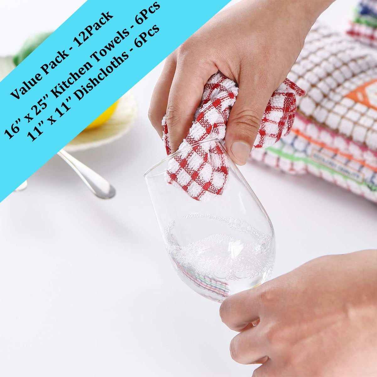 Kitchen Towels and Dishcloths Set, 16 x 25 12 12, Set of Bulk Cotton Dish for Washing Dishes Rags Everyday Cooking Baking