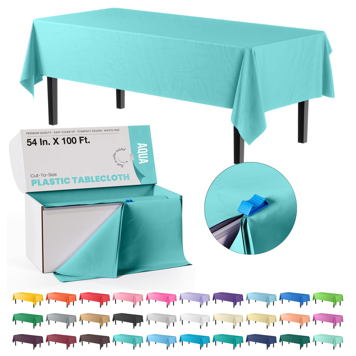 Party Solids 54 Inch X 300 Feet White Plastic Table Cover Roll in A Cut - to - Size Box with Convenient Slide Cutter. Cuts Up to 36 Rectangle 8 Feet Plastic Disposable Tablecloths