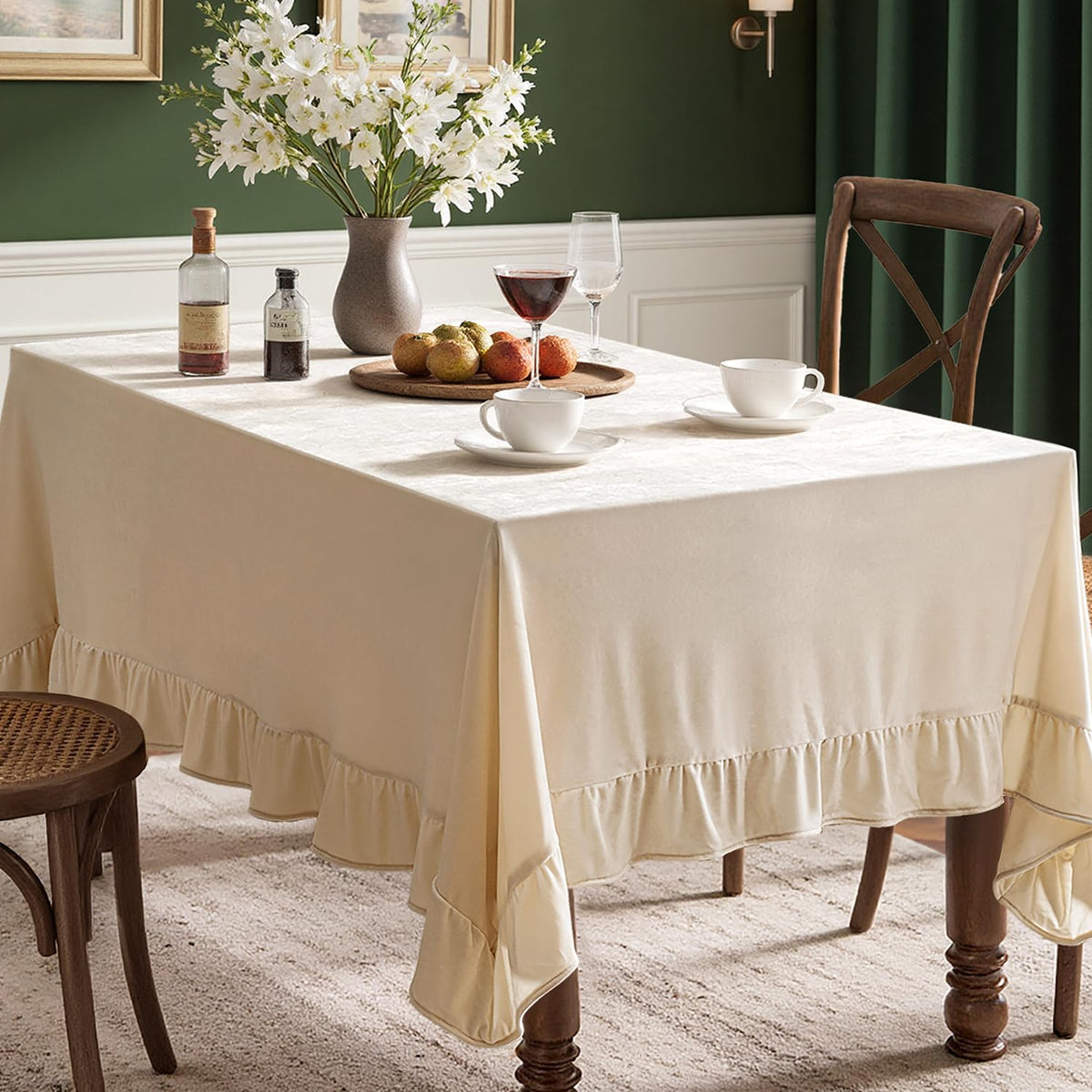 MIULEE Velvet Tablecloth with Decorative Ruffle 60x120 Inch Beige