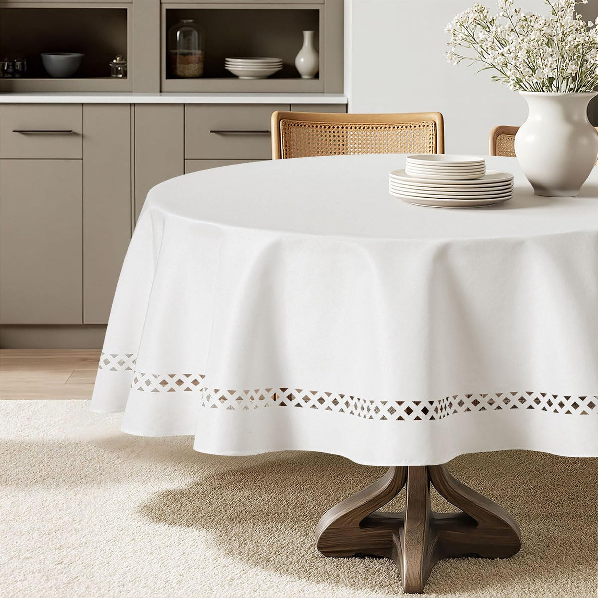 MIULEE Beige Rectangle Tablecloth with Decorative Cutouts 60x104 inch