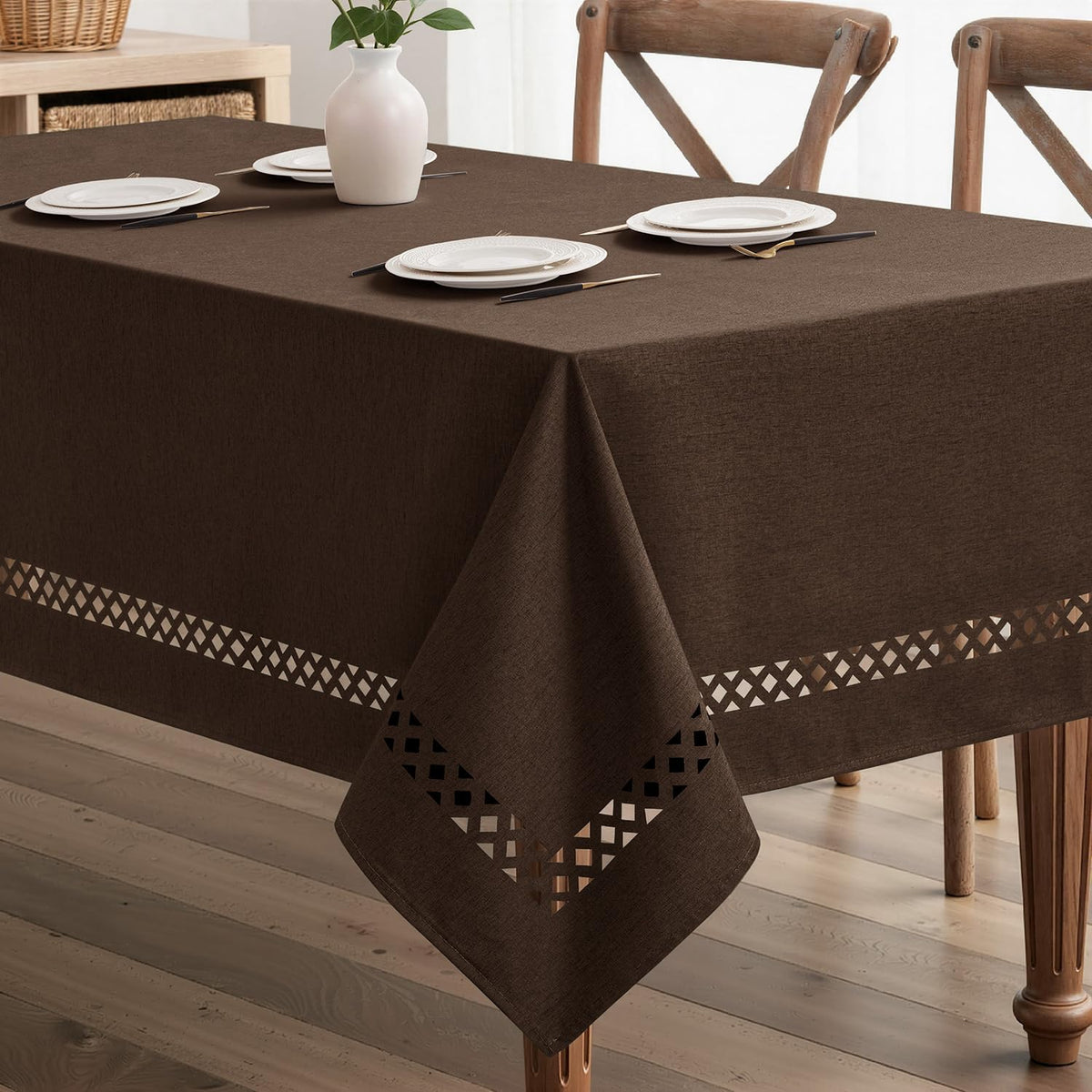MIULEE Beige Rectangle Tablecloth with Decorative Cutouts 60x104 inch