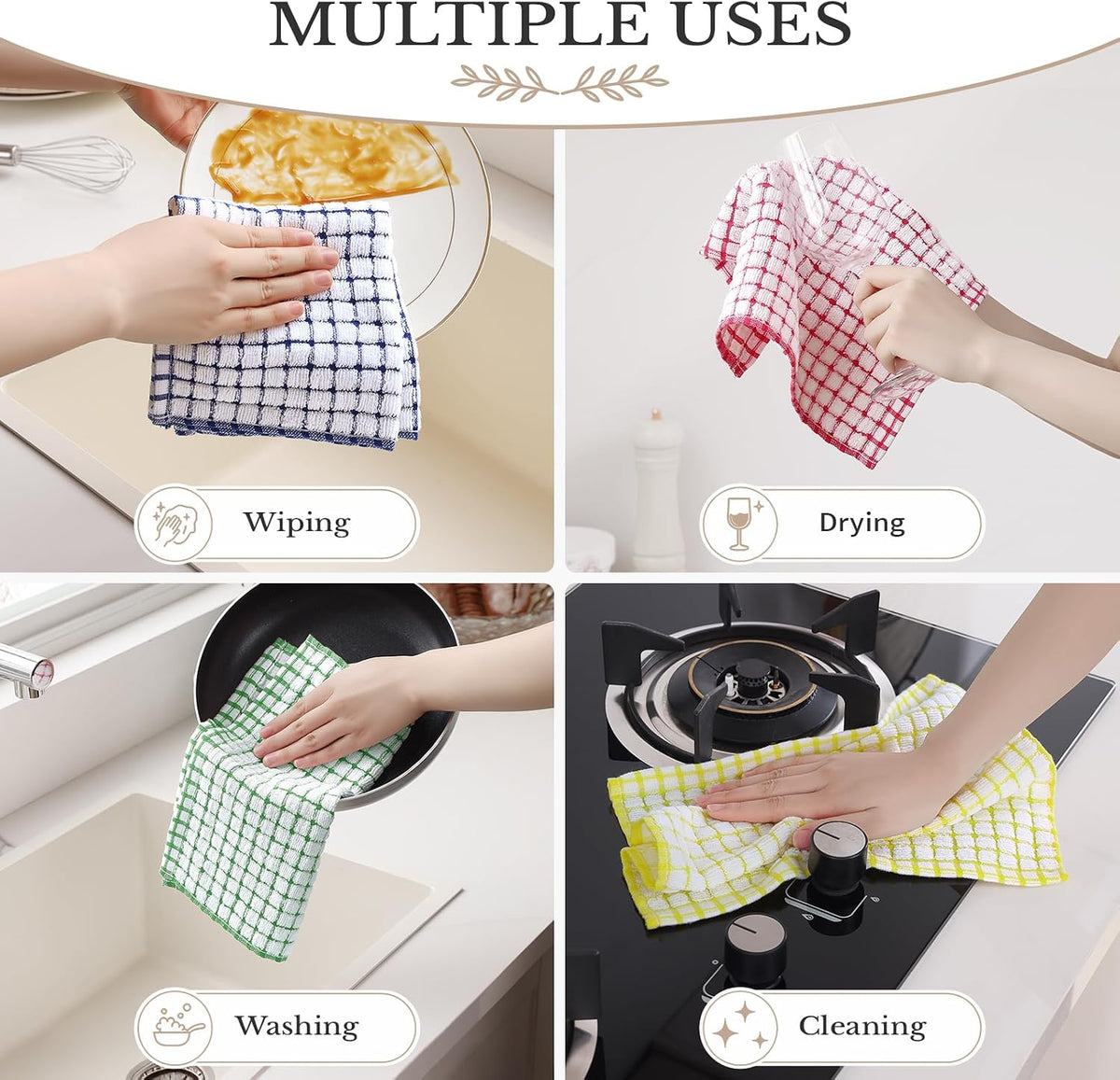 Homaxy 8 Pack Terry Kitchen Dish Cloths, 12"x12", Blue/Yellow/Red/Green