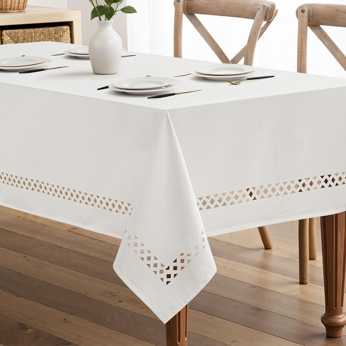 MIULEE Beige Rectangle Tablecloth with Decorative Cutouts 60x104 inch