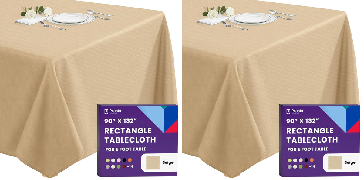 Gee Di Moda Rectangle Tablecloth - 90 x 132 Inch Beige Table Cloth for 6 Foot Tables with Floor-Length Drop - Heavy Duty Washable Fabric for Holiday Party, Dinner, Weddings & Baby Shower