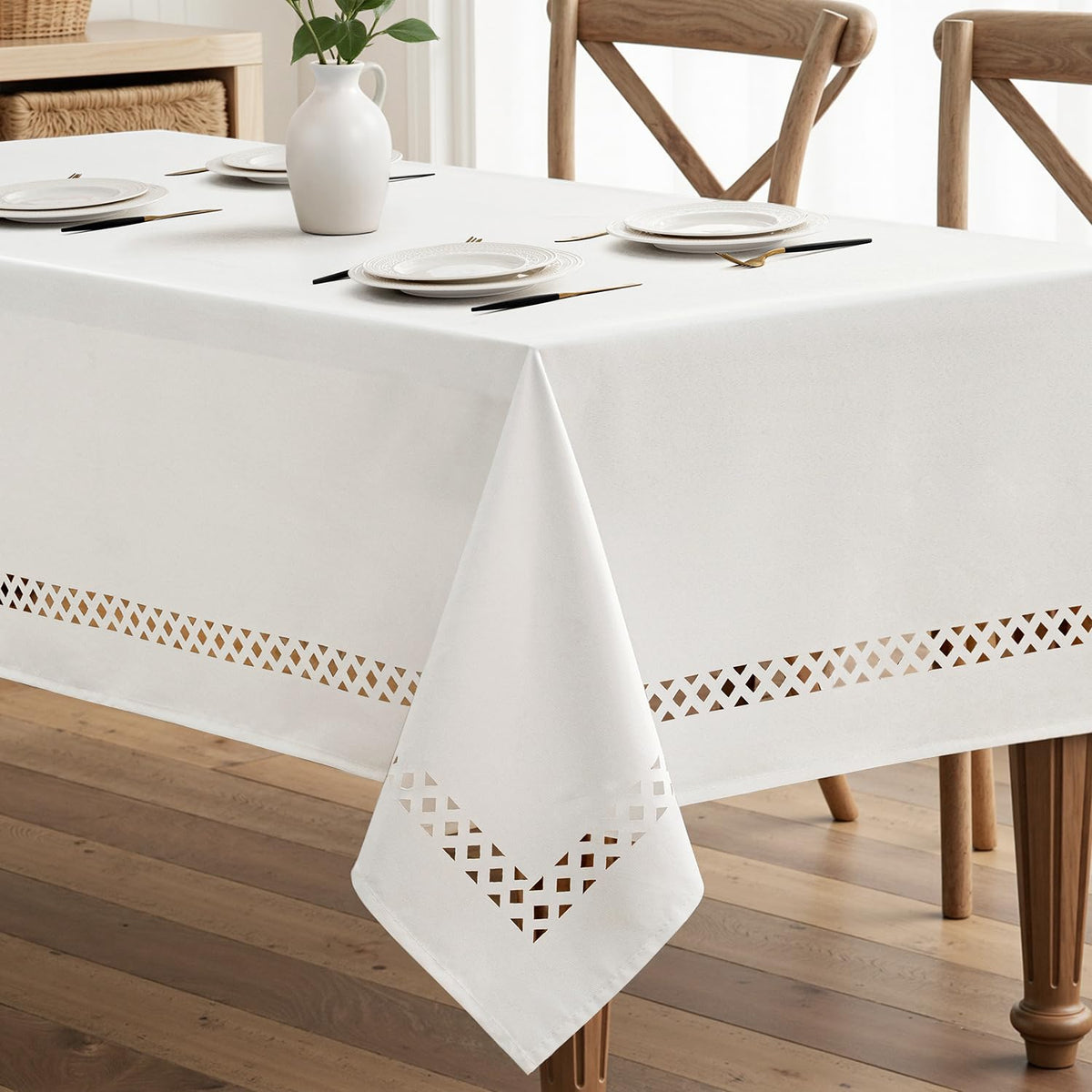 MIULEE Beige Rectangle Tablecloth with Decorative Cutouts 60x104 inch