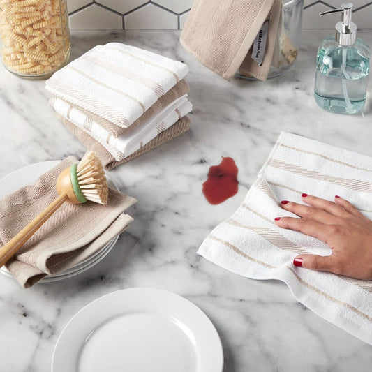 KitchenAid Albany Dishcloth 8 Pack Set, Milkshake Tan/White, 12"x12"