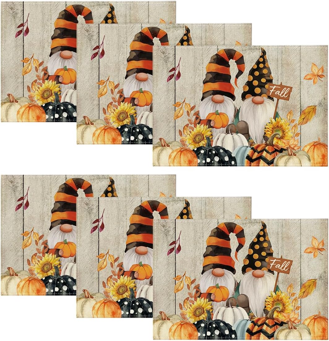 Artoid Mode Gnomes Pumpkins Fall Placemats Set of 4, 12x18 Inch Seasonal Autumn Thanksgiving Table Mats for Party Kitchen Dining Decoration