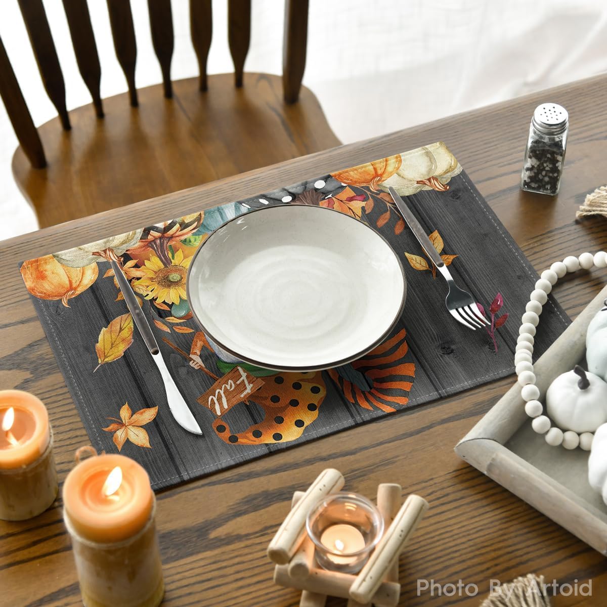 Artoid Mode Gnomes Pumpkins Fall Placemats Set of 4, 12x18 Inch Seasonal Autumn Thanksgiving Table Mats for Party Kitchen Dining Decoration