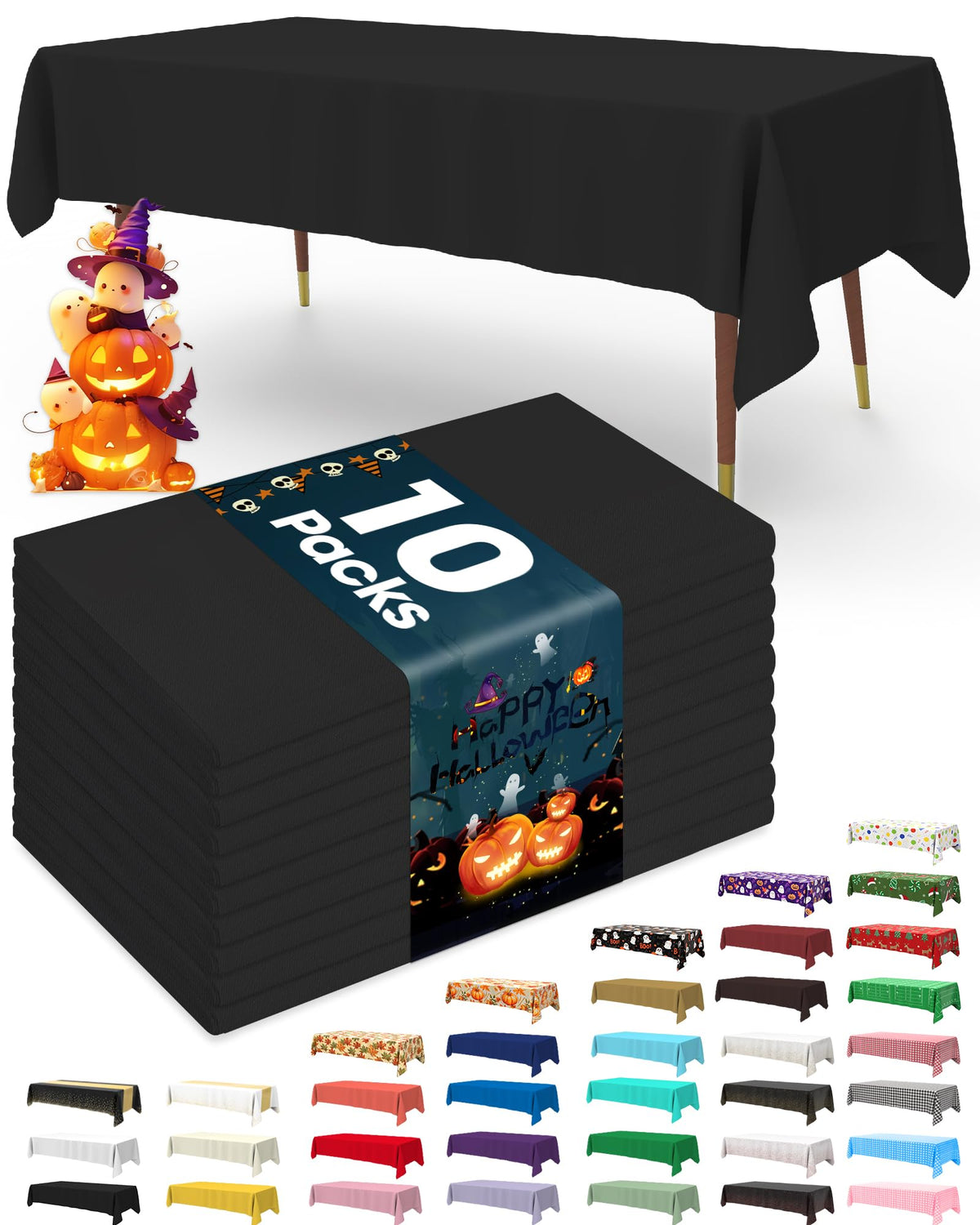 Pureegg Plastic Table Cloth Disposable 10 Pack, 54 x 108 Inch Table Cloths, Halloween Party Decorations, Summerween Decor, Halloween Tablecloths, Rectangle, Plastic Cover, Leakproof & Sturdy, Black