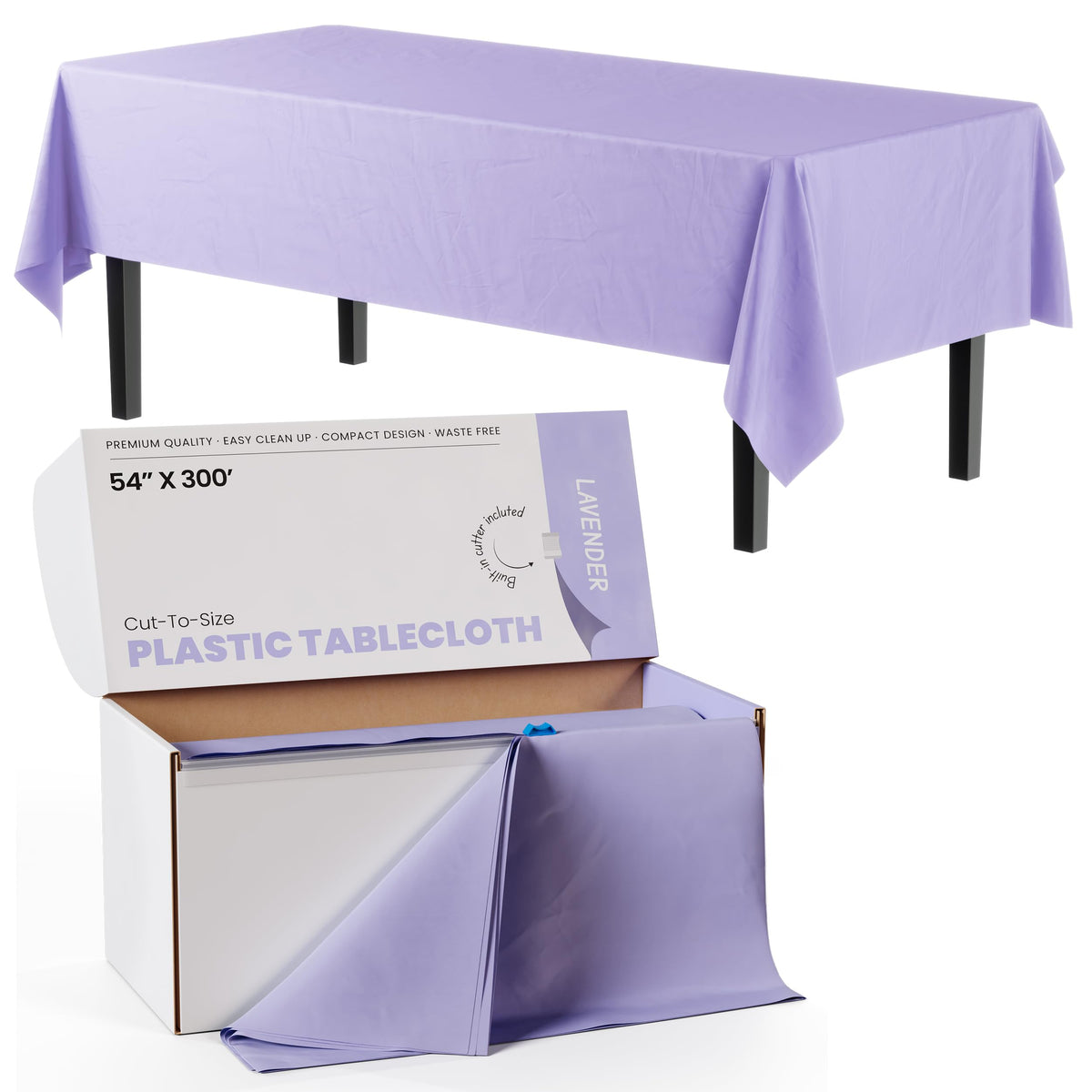 Party Solids 54 Inch X 300 Feet White Plastic Table Cover Roll in A Cut - to - Size Box with Convenient Slide Cutter. Cuts Up to 36 Rectangle 8 Feet Plastic Disposable Tablecloths