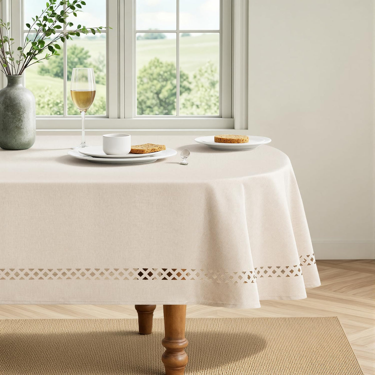 MIULEE Beige Rectangle Tablecloth with Decorative Cutouts 60x104 inch
