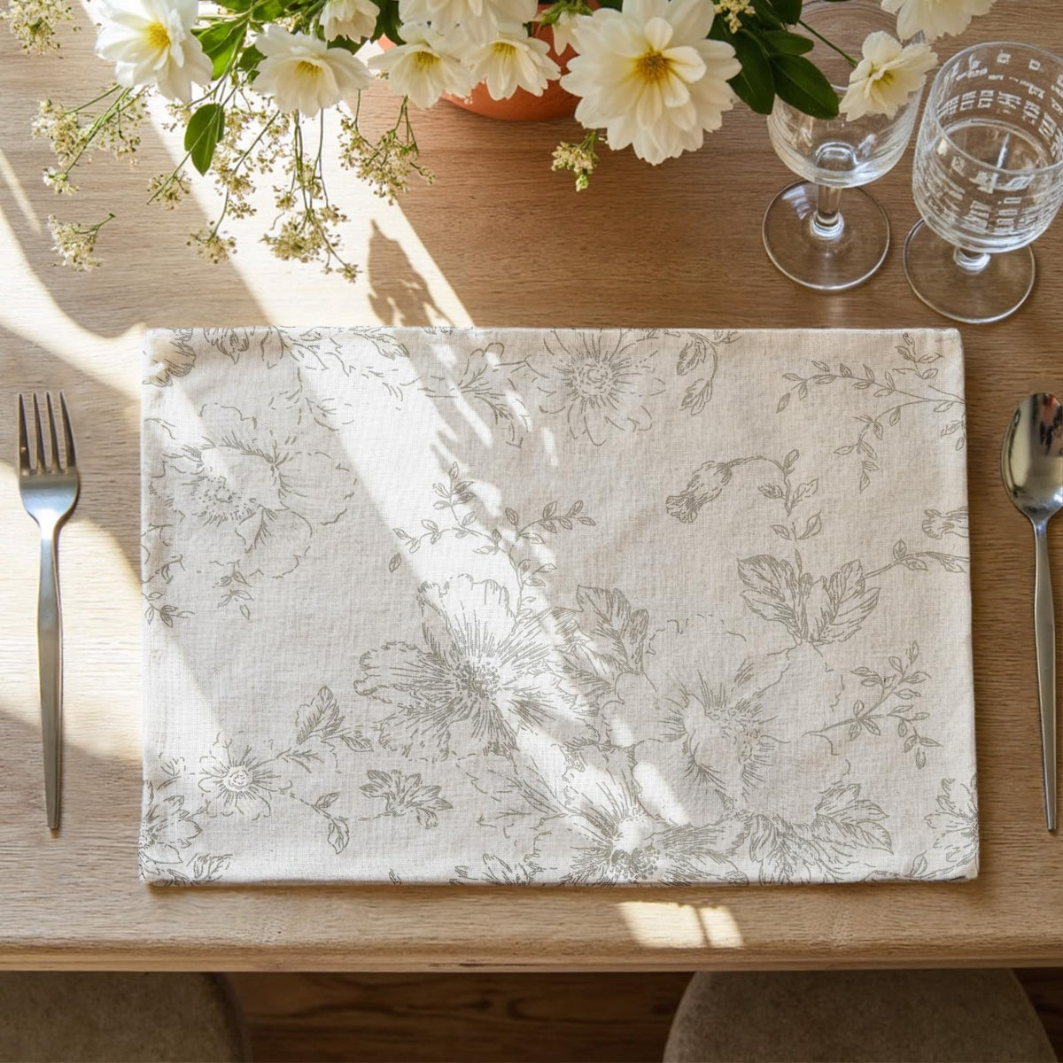 JINCHAN Sliva Linen Floral Placemats Set of 4 Farmhouse 13x19 Sage Green