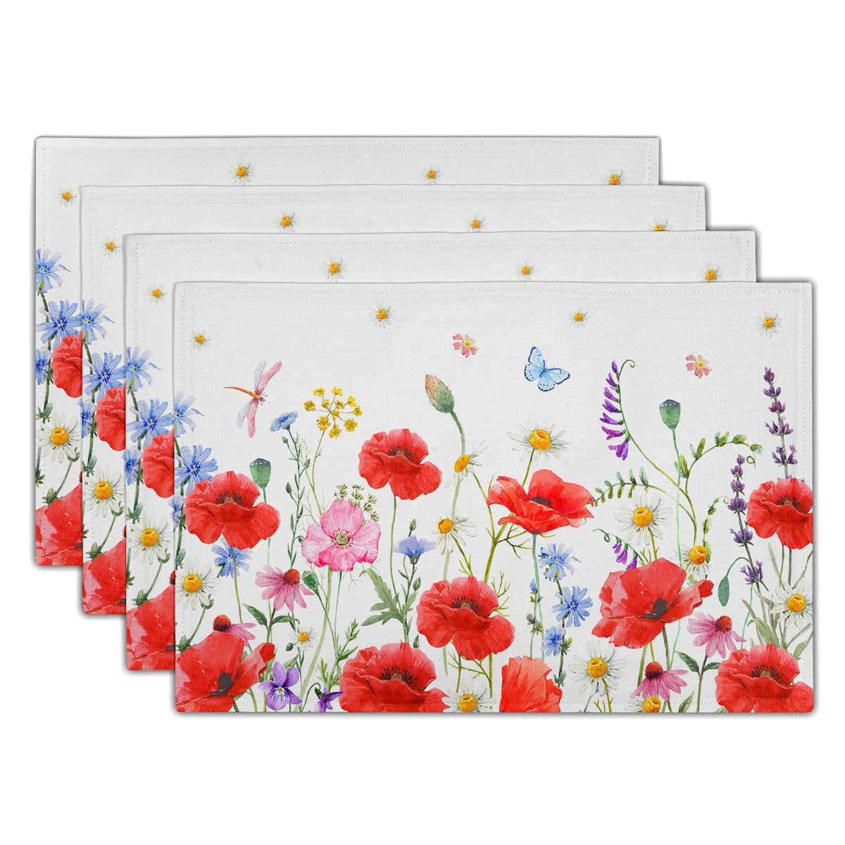 Blue Floral Branches Placemats Set of 4 ,12 x 18 Inch Chinoiserie Table Mats Washable Heat Resistant Linen Fabric Rectangle Place Mat for Indoor Outdoor Kitchen Dining Home Decor