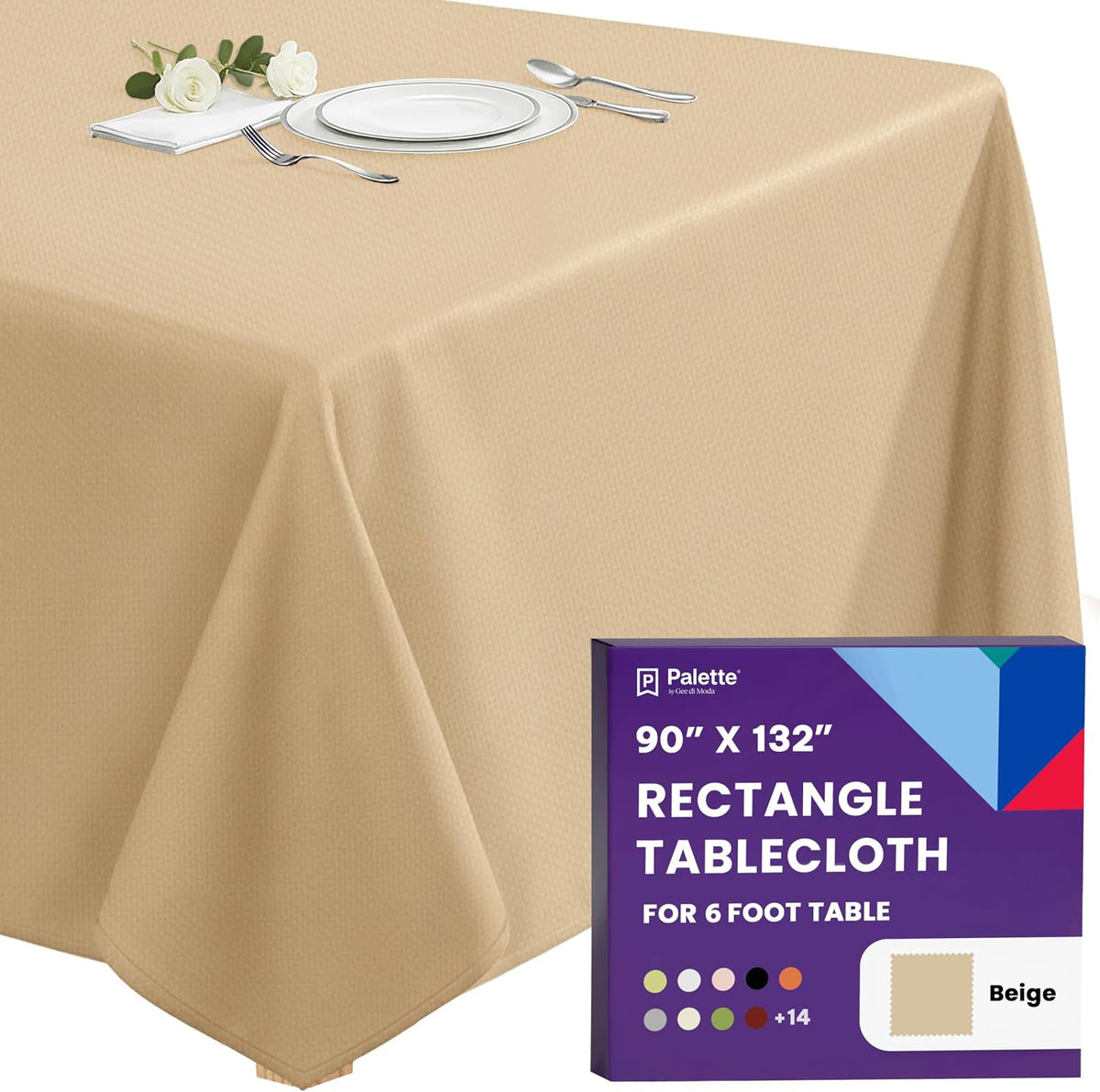 Gee Di Moda Rectangle Tablecloth - 90 x 132 Inch Beige Table Cloth for 6 Foot Tables with Floor-Length Drop - Heavy Duty Washable Fabric for Holiday Party, Dinner, Weddings & Baby Shower