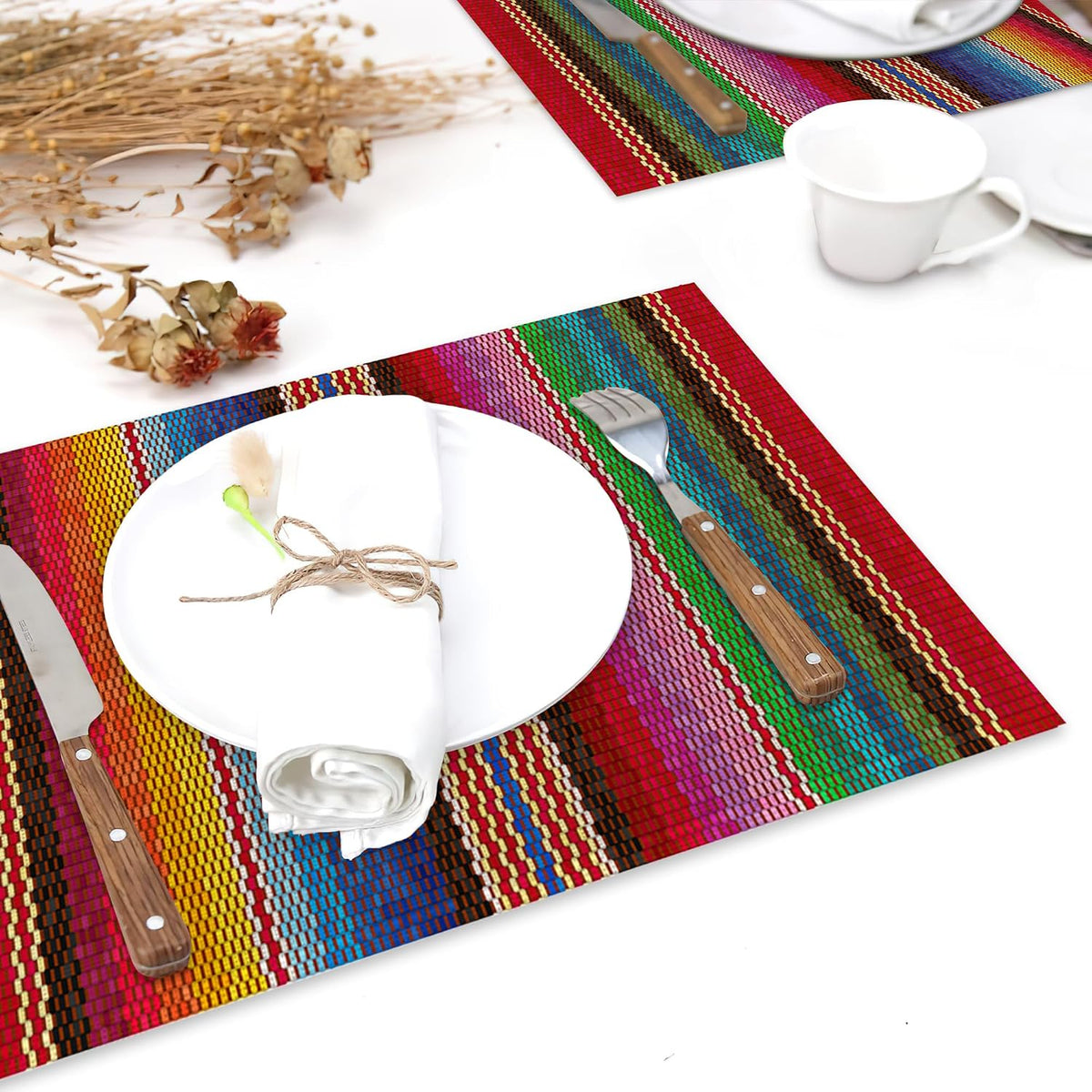 Mexican Placemats for Dining Table Set of 6,Ethnic Stripes Rainbow Place Mats for Home Party Kitchen Indoor Holiday Rustic Washable Heat Resistant Table Mats 12 x 18 Inch