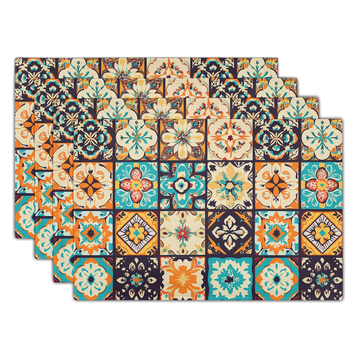 Blue Floral Branches Placemats Set of 4 ,12 x 18 Inch Chinoiserie Table Mats Washable Heat Resistant Linen Fabric Rectangle Place Mat for Indoor Outdoor Kitchen Dining Home Decor