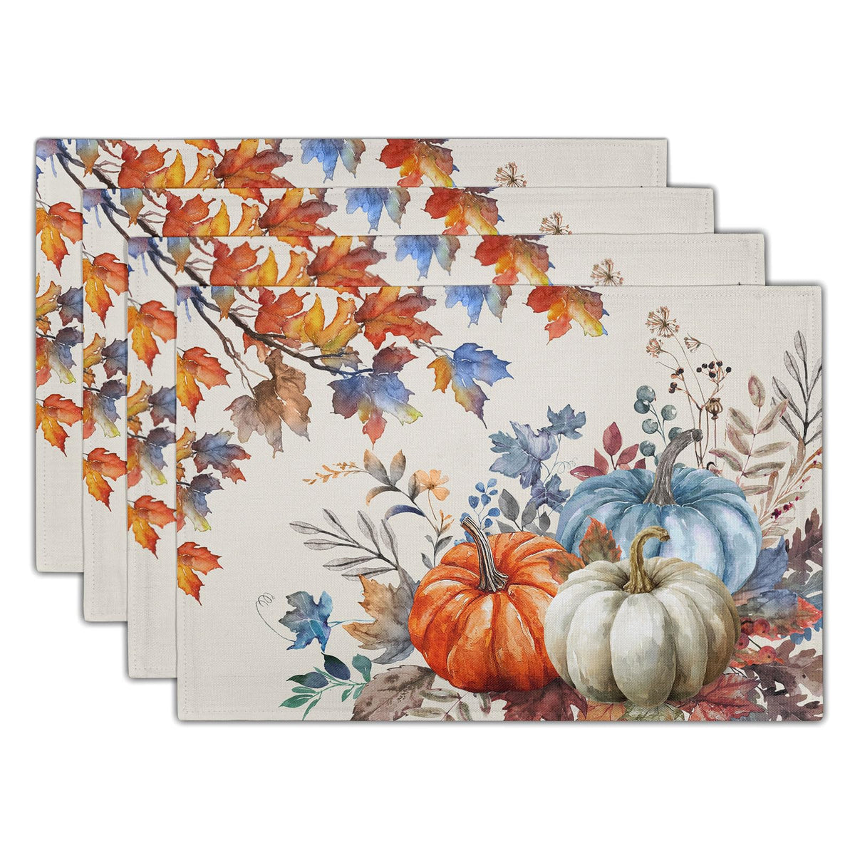 Blue Floral Branches Placemats Set of 4 ,12 x 18 Inch Chinoiserie Table Mats Washable Heat Resistant Linen Fabric Rectangle Place Mat for Indoor Outdoor Kitchen Dining Home Decor