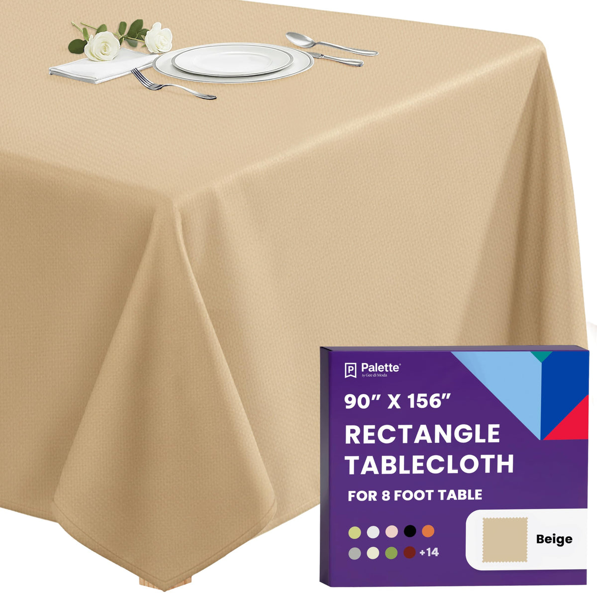 Gee Di Moda Rectangle Tablecloth - 90 x 132 Inch Beige Table Cloth for 6 Foot Tables with Floor-Length Drop - Heavy Duty Washable Fabric for Holiday Party, Dinner, Weddings & Baby Shower
