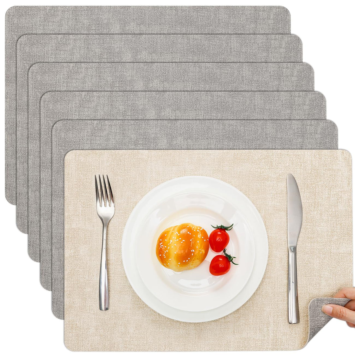 Myir JUN Faux Leather Placemats Set of 6, Reversible Dual-Color Place Mats