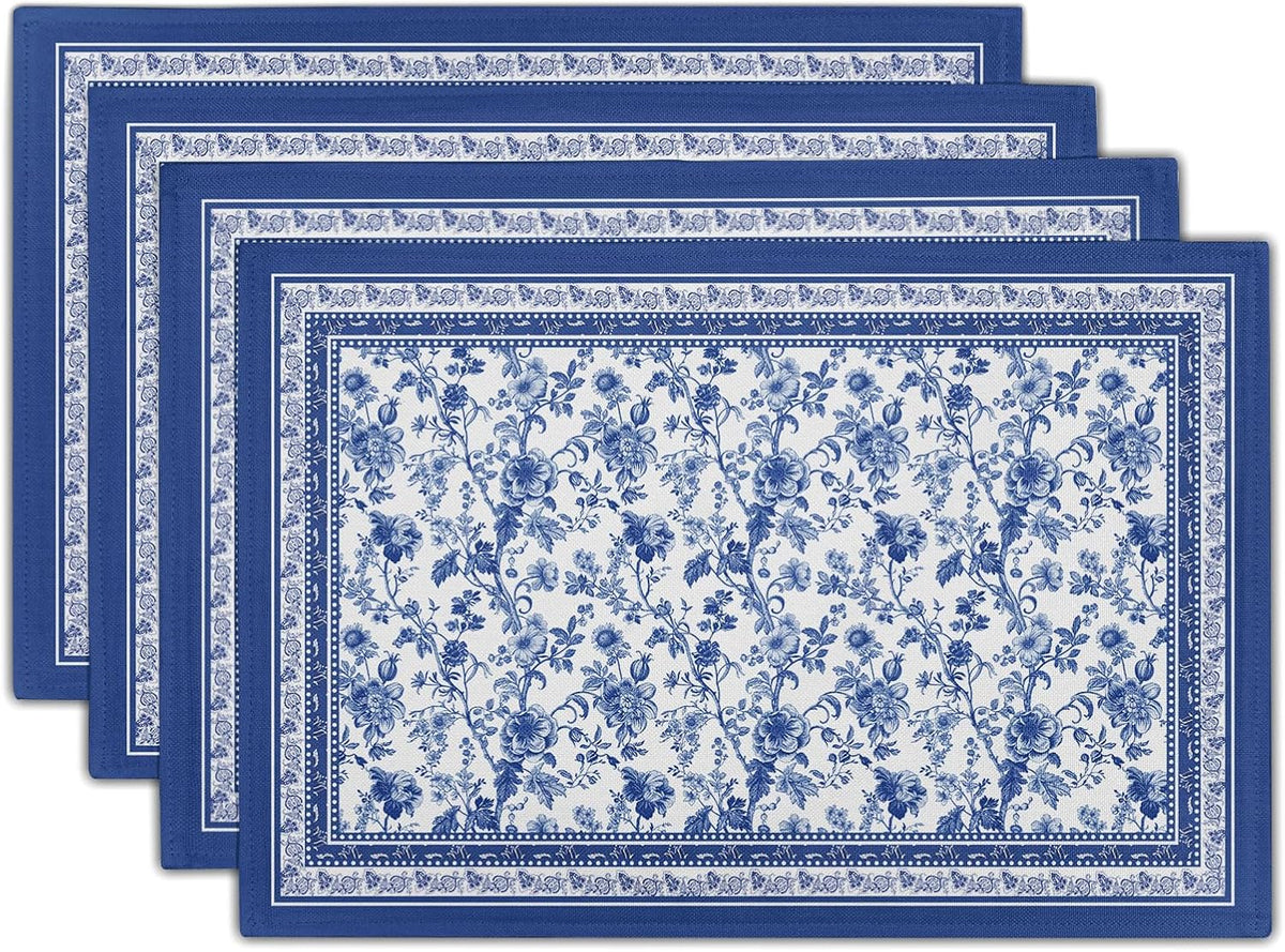 Blue Floral Branches Placemats Set of 4 ,12 x 18 Inch Chinoiserie Table Mats Washable Heat Resistant Linen Fabric Rectangle Place Mat for Indoor Outdoor Kitchen Dining Home Decor