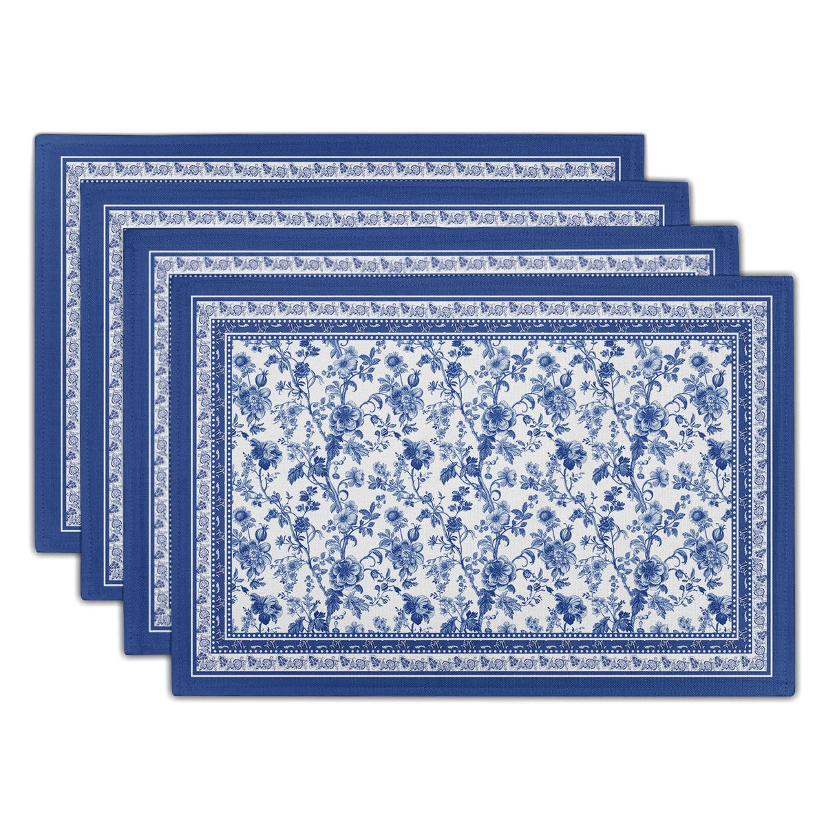Blue Floral Branches Placemats Set of 4 ,12 x 18 Inch Chinoiserie Table Mats Washable Heat Resistant Linen Fabric Rectangle Place Mat for Indoor Outdoor Kitchen Dining Home Decor