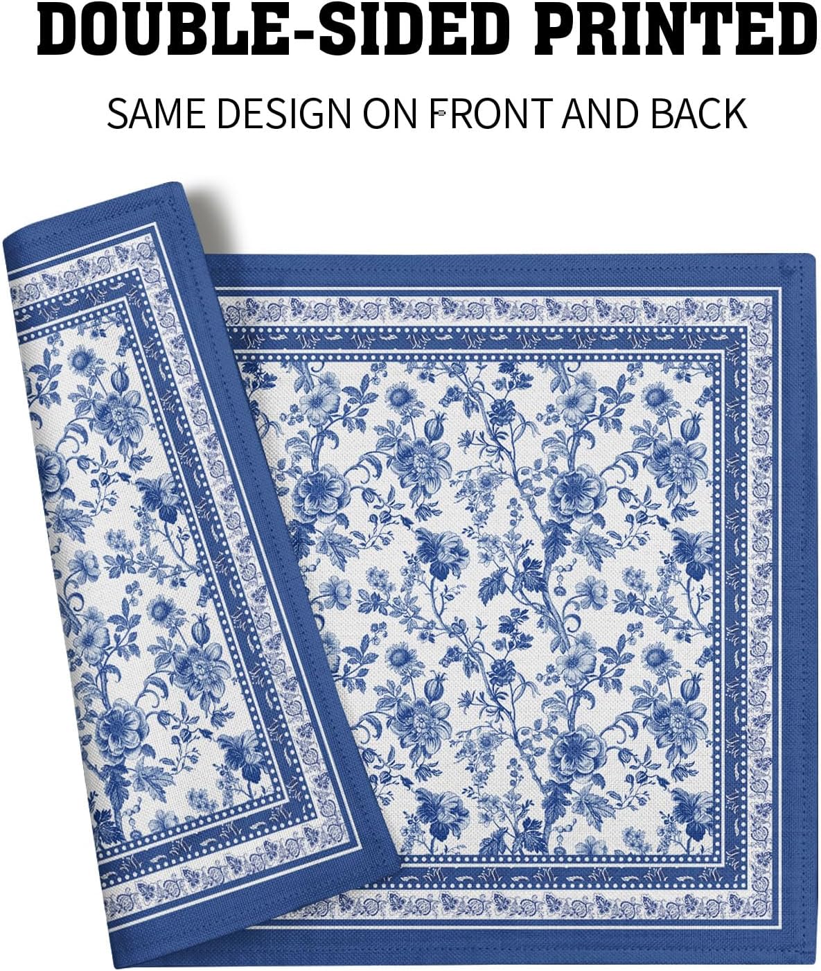 Blue Floral Branches Placemats Set of 4 ,12 x 18 Inch Chinoiserie Table Mats Washable Heat Resistant Linen Fabric Rectangle Place Mat for Indoor Outdoor Kitchen Dining Home Decor