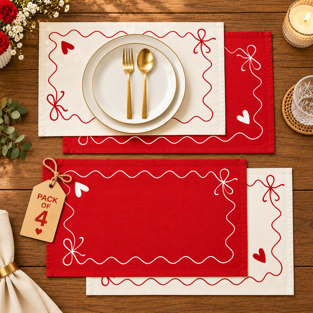 Folkulture Placemats Set of 4, Scalloped, Cute Sage Green - (13x19 Inch)