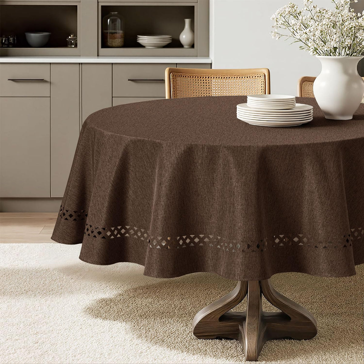 MIULEE Beige Rectangle Tablecloth with Decorative Cutouts 60x104 inch