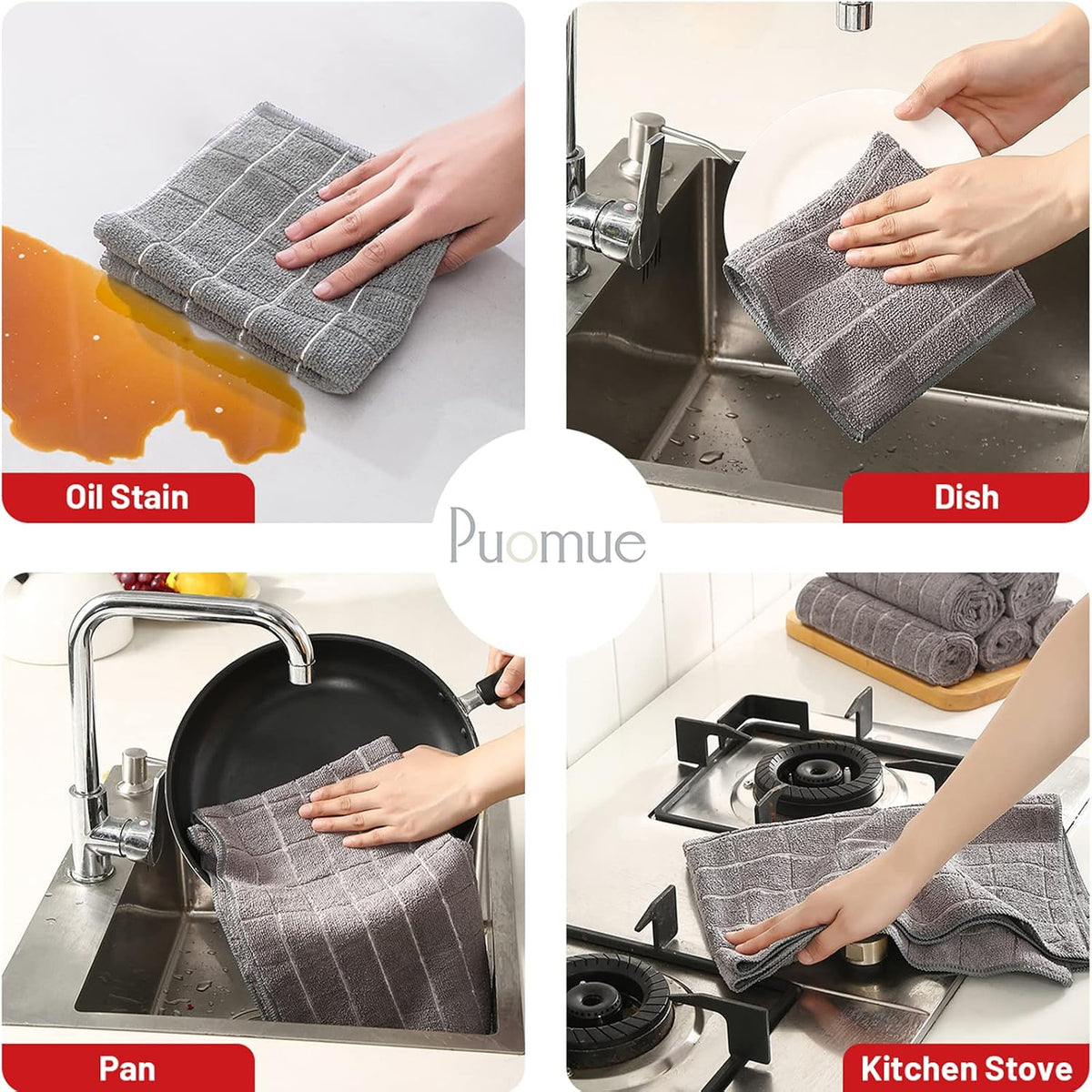 Puomue Microfiber Kitchen Towels and Dishcloths Set, 26 X 18 Inch and 12 X 12 Inch, Set of 12 Bulk Lint Free Dish Towels for Drying Dishes, Grey