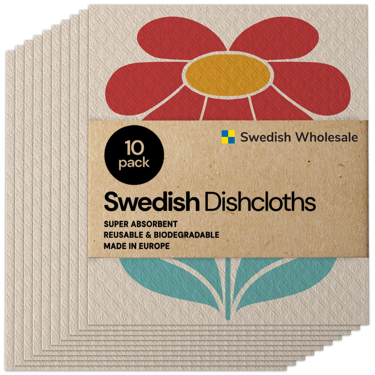 Swedish Wholesale Dishcloths Reusable 8" x 7" Sponge Cloths, Bulk 10 Pack of High Absorbent Cellulose Dish & Kitchen Cleaning Hand Towels, Wring to Dry & Machine Wash, Odor Resistant, Blue