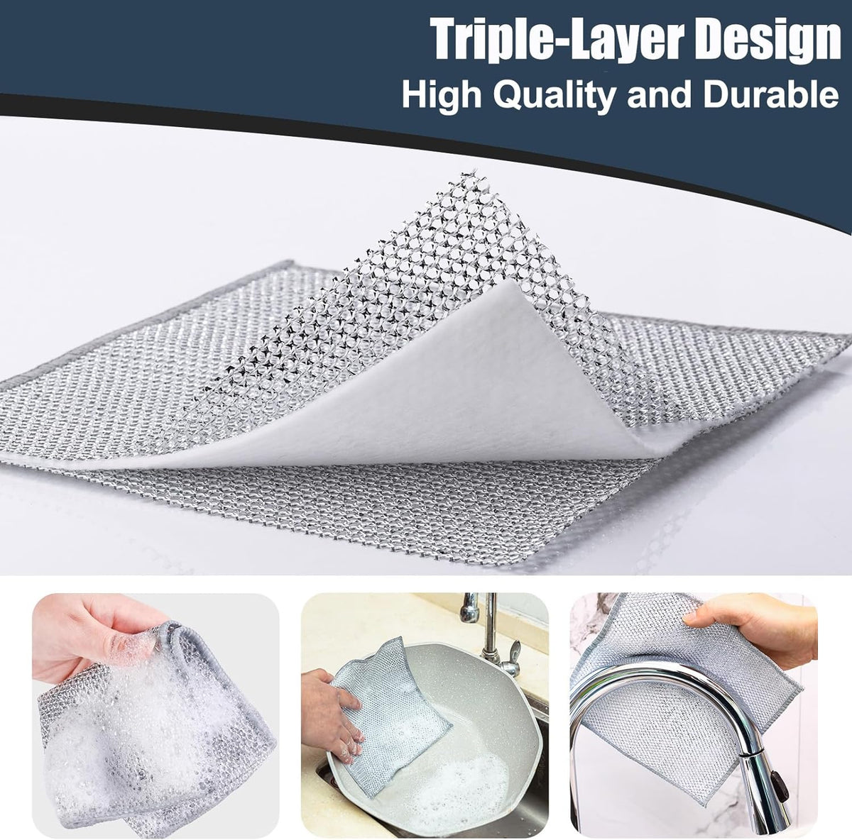 Navona 12 Pcs New Upgrade Steel Wire Dishcloth,Triple-Layer Steel Wire Cleaning Cloth,Powerful Cleaning Non-Scratch Wire Dishcloth Rag for Cookware, Sinks, Dishes, Stove Tops