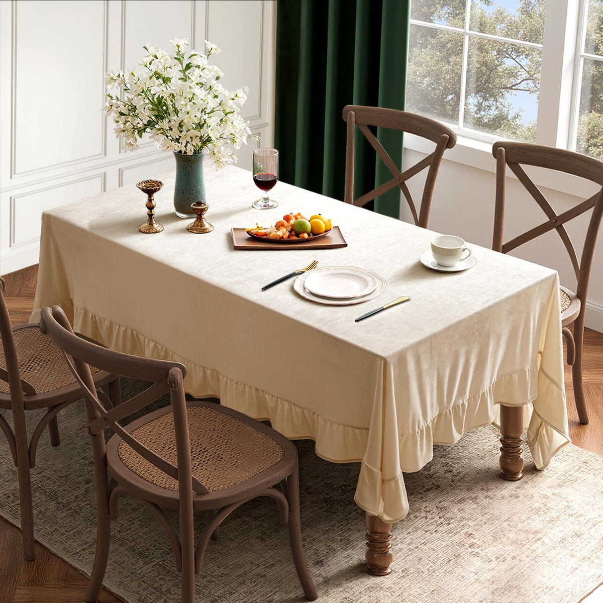 MIULEE Velvet Tablecloth with Decorative Ruffle 60x120 Inch Beige