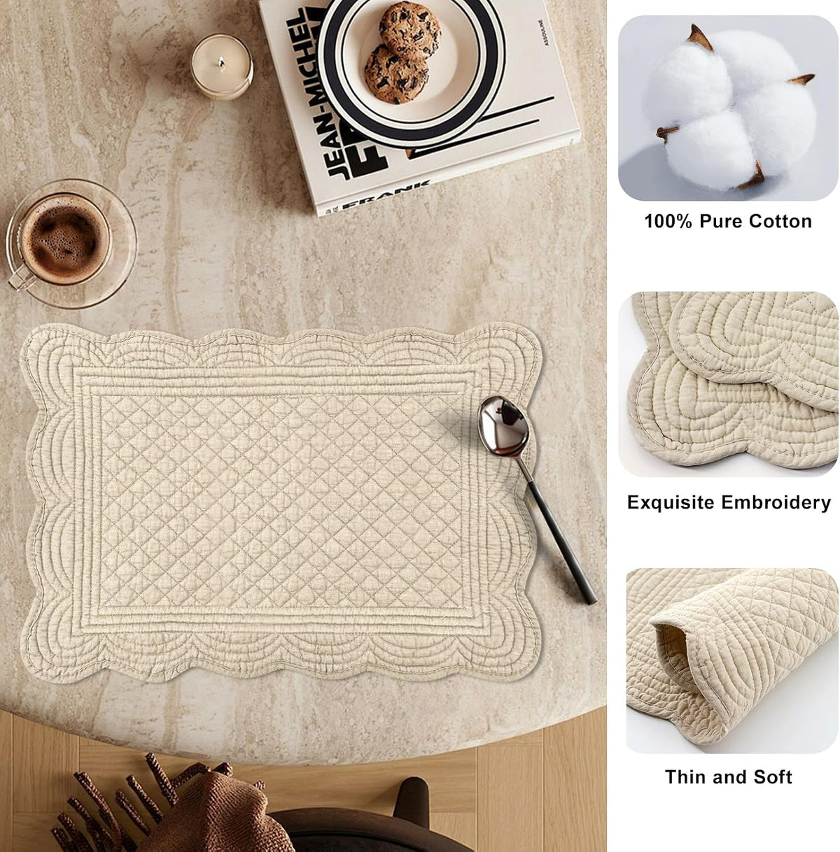 6 PC Quilted Placemats, 18"X13"Extra Large Cotton Placemats Set of 6, 100% Cotton Fabric Washable Cloth Table Mats for Kitchen & Dining Table - Soft &Easy Clean(Flax, Rectangular)