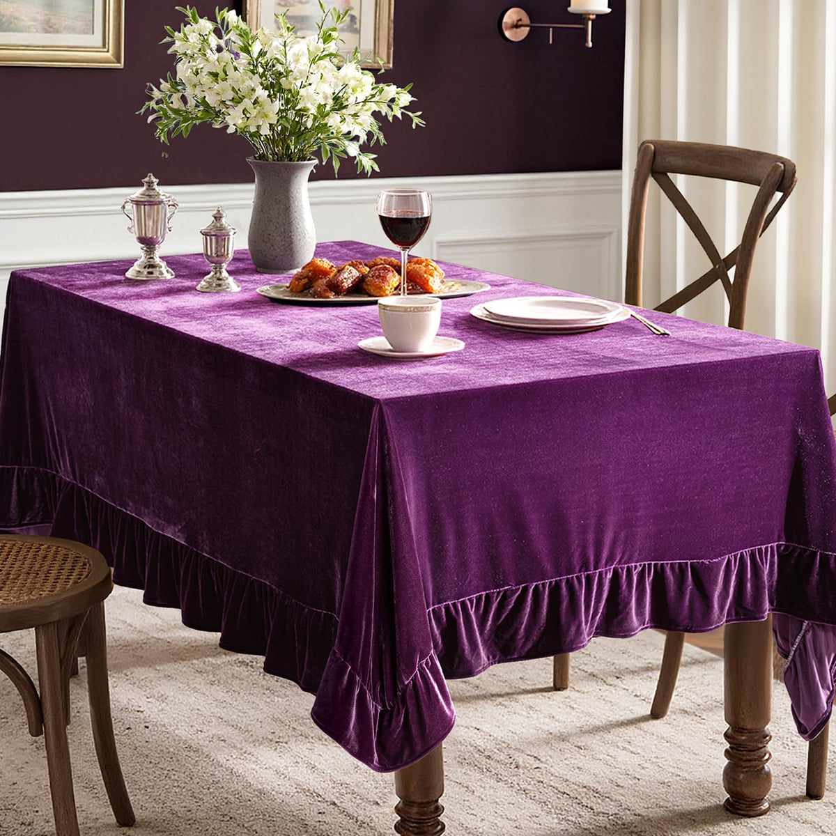 MIULEE Velvet Tablecloth with Decorative Ruffle 60x120 Inch Beige