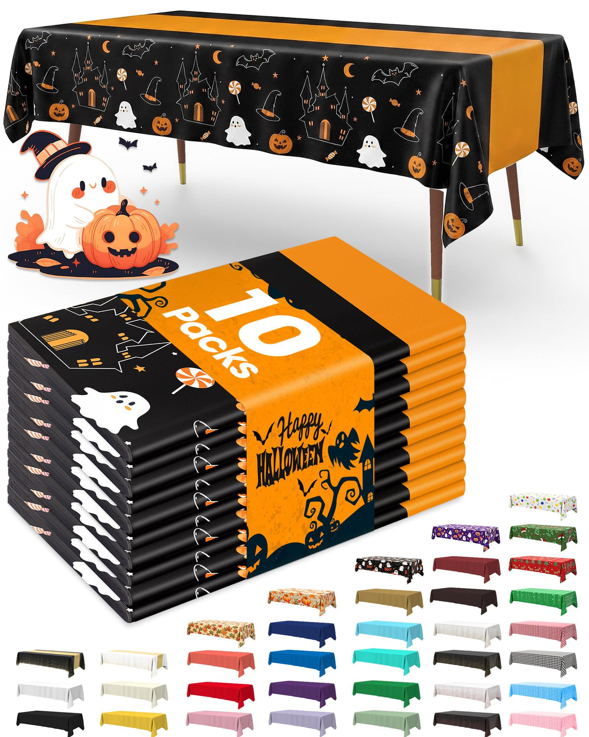Pureegg Plastic Table Cloth Disposable 10 Pack, 54 x 108 Inch Table Cloths, Halloween Party Decorations, Summerween Decor, Halloween Tablecloths, Rectangle, Plastic Cover, Leakproof & Sturdy, Black