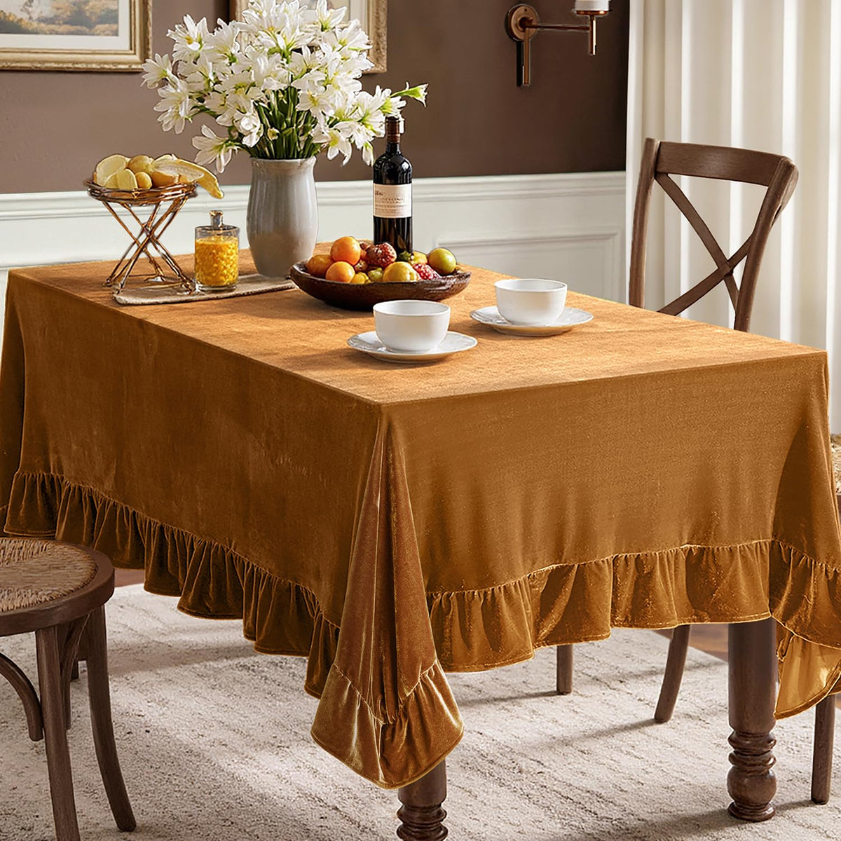 MIULEE Velvet Tablecloth with Decorative Ruffle 60x120 Inch Beige