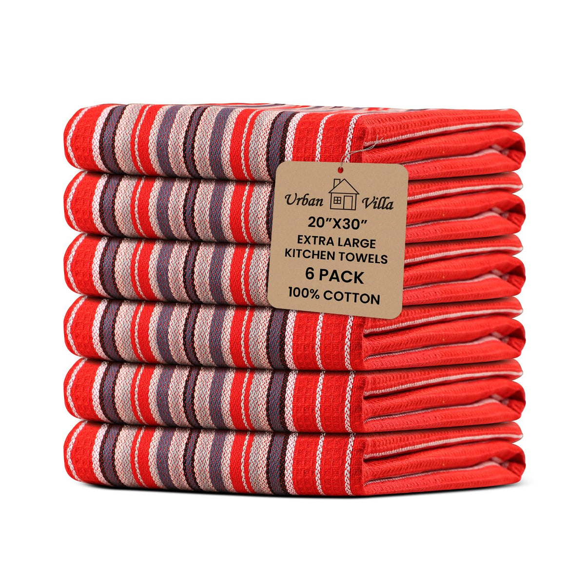 Urban Villa Kitchen Towels 100% Cotton Dish Towels for Kitchen (Set of 6) 20”x30” Dish Cloths Highly Absorbent Kitchen Linen Set with Hanging Loop Perfect for Drying Dishes Cleaning Towels-Blue White