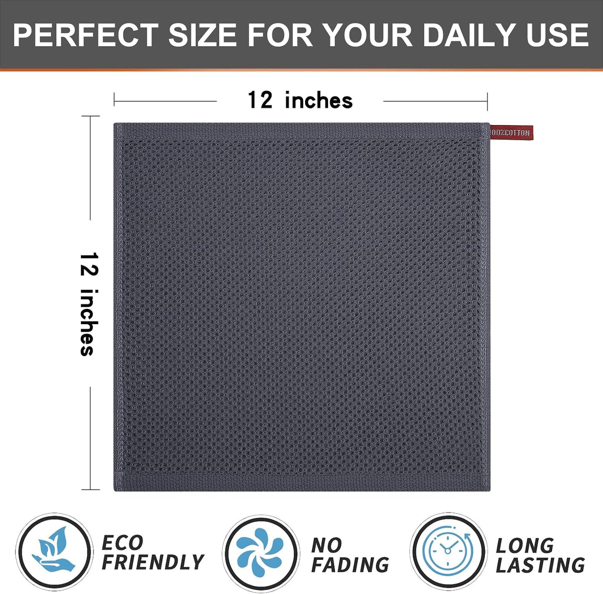 Kitinjoy 100% Cotton Waffle 6-Pack Kitchen Towels, 12" x 12", Dark Grey