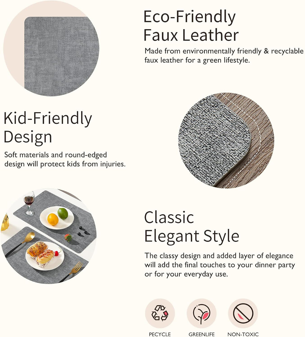 Maxpearl Faux Leather Placemats Set of 6, Easy to Clean, Grey