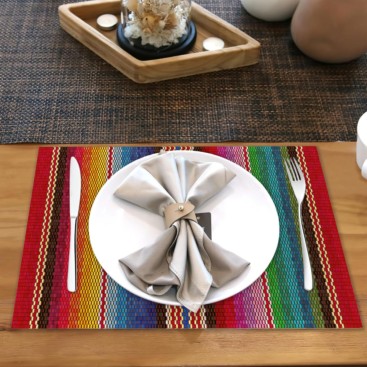 Mexican Placemats for Dining Table Set of 6,Ethnic Stripes Rainbow Place Mats for Home Party Kitchen Indoor Holiday Rustic Washable Heat Resistant Table Mats 12 x 18 Inch