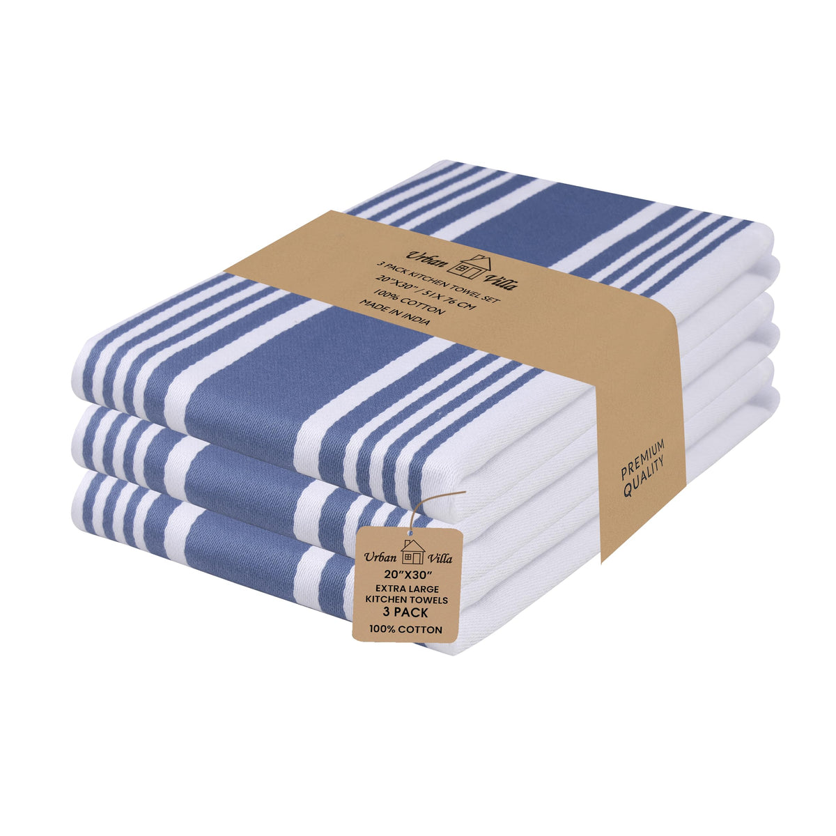 Urban Villa Kitchen Towels 100% Cotton Dish Towels for Kitchen (Set of 6) 20”x30” Dish Cloths Highly Absorbent Kitchen Linen Set with Hanging Loop Perfect for Drying Dishes Cleaning Towels-Blue White